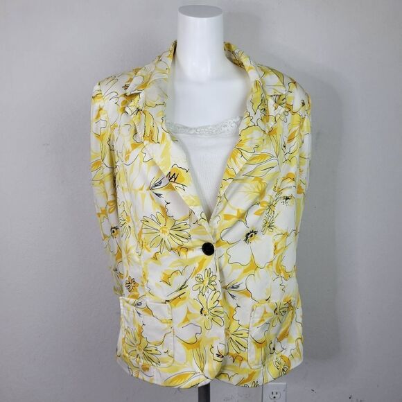 Harve‎ Benard Yellow Floral Print Single Button Closure Blazer - Picture 1 of 11